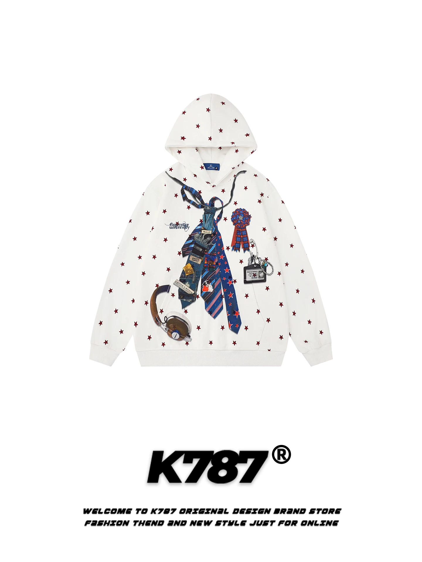 Áo hoodie in họa tiết sao cổ điển Mỹ K787, unisex, thời trang, rộng rãi, thoải mái, dành cho cặp đôi