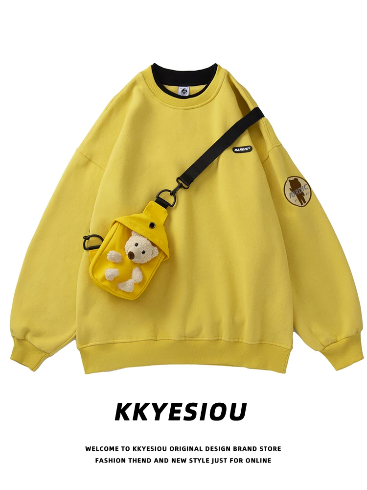 Ba lô hình gấu phong cách KKyesiou dopamine, áo sweatshirt cặp đôi phong cách đại học, áo nỉ unisex rộng rãi