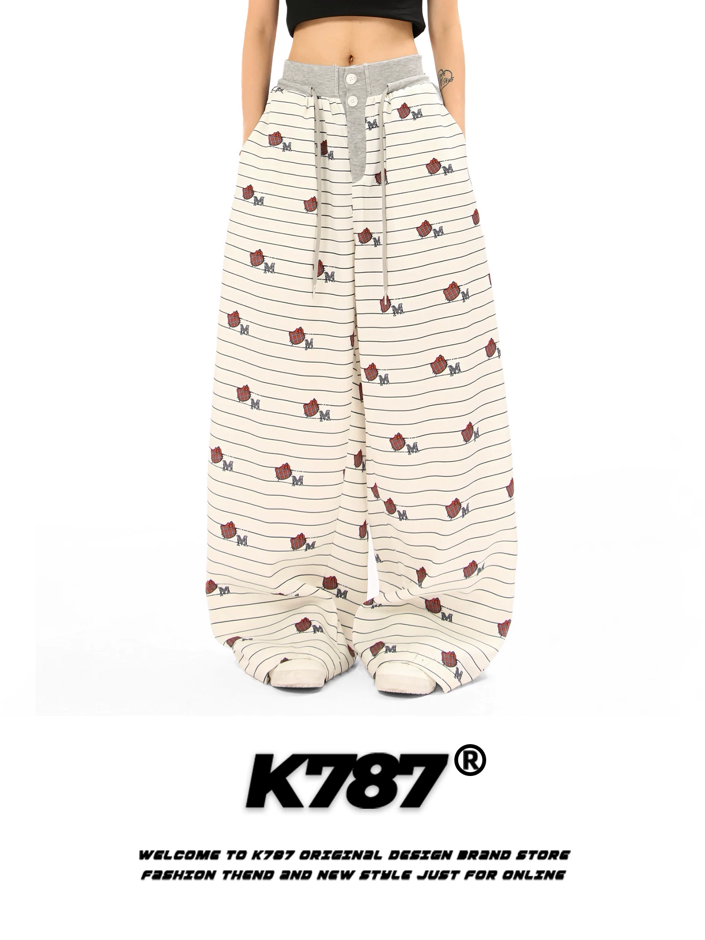 Quần nữ K787 kiểu Mỹ, chất liệu cotton, họa tiết sọc, dáng rộng, cạp chun, cạp cao, ống rộng, dài chấm đất.