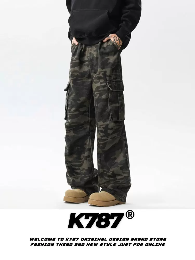 Quần cargo đa túi phong cách retro Mỹ K787, unisex, kiểu hip-hop, ống rộng, dáng rộng, ống thẳng