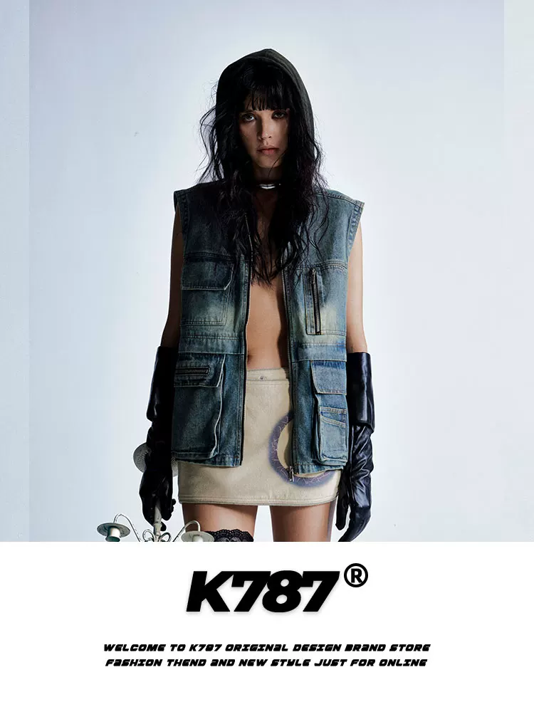 Áo khoác denim có mũ trùm đầu nhiều túi kiểu Mỹ cổ điển K787, unisex, thời trang, kiểu dáng nhiều lớp, áo khoác ngắn, phong cách công sở