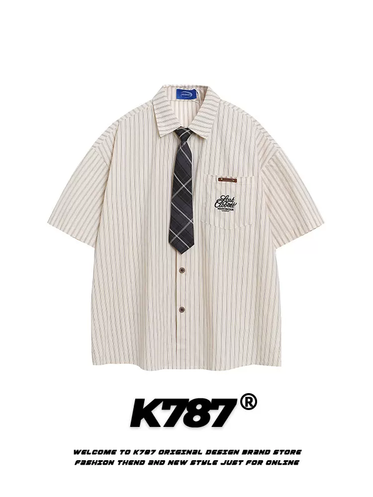 Áo sơ mi ngắn tay unisex phong cách retro Mỹ, kẻ sọc, kiểu học sinh, đa năng, mùa hè 2025, kiểu cardigan nửa tay