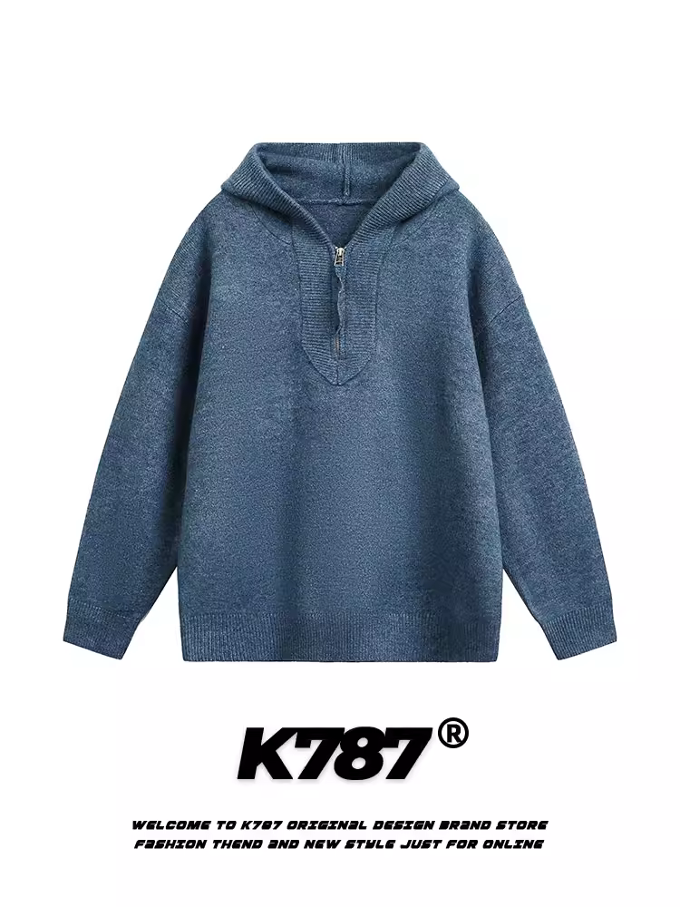 Áo len dệt kim có mũ nửa khóa kéo kiểu Mỹ cổ điển K787 dành cho nam và nữ, áo hoodie phong cách giản dị thoải mái mùa thu.