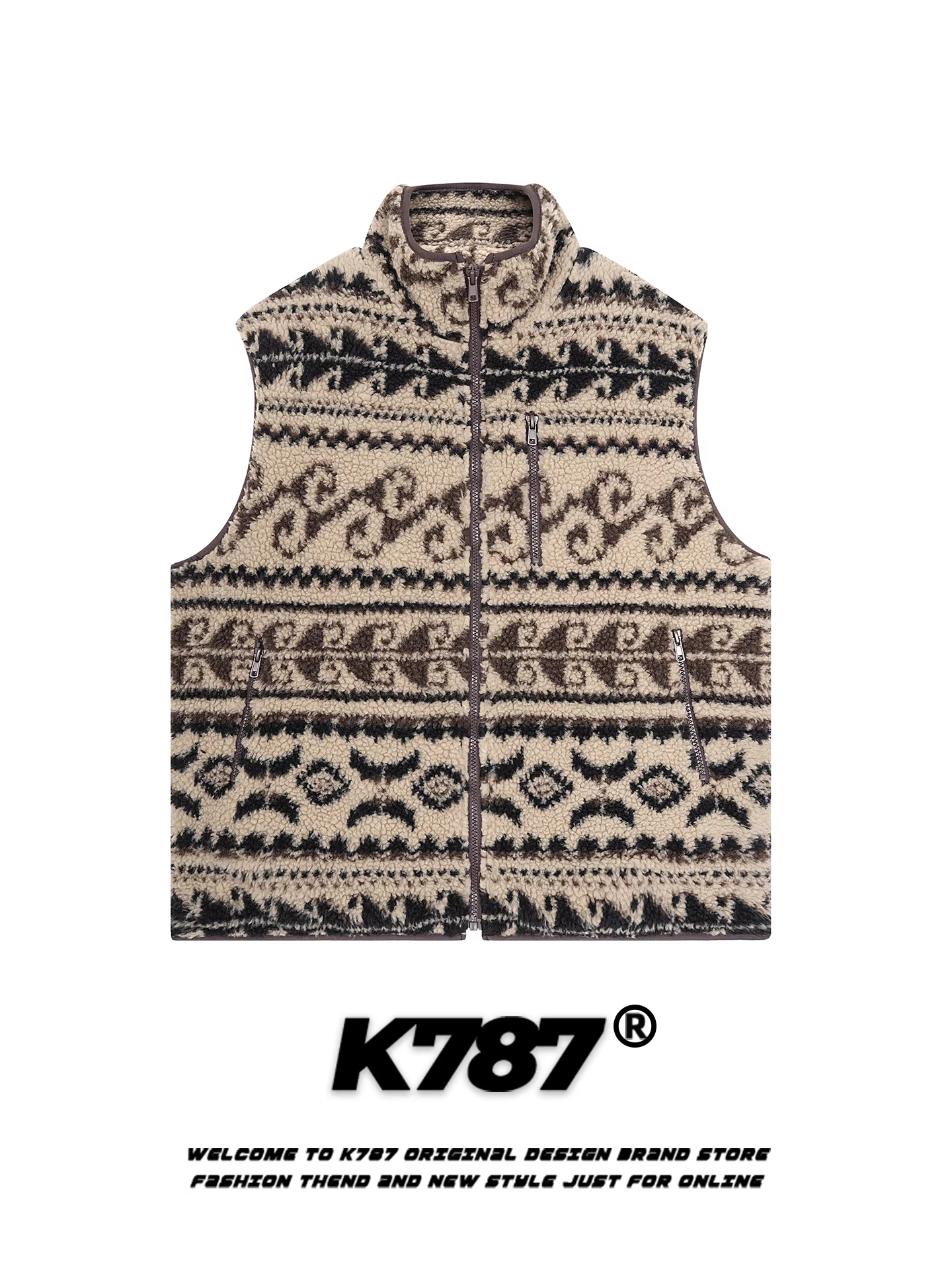 Áo vest cổ đứng phong cách dân tộc Fair Isle cổ điển Mỹ K787 dành cho nam và nữ, áo khoác có khóa kéo ấm áp, kiểu dáng thường ngày, mặc nhiều lớp, dành cho cặp đôi