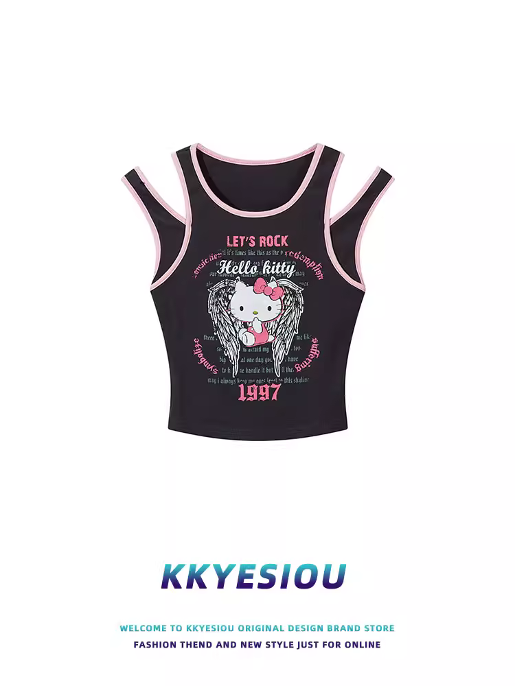 Áo thun ngắn tay không tay đa năng màu đen và hồng Hello Kitty của KKyesiou dành cho nữ