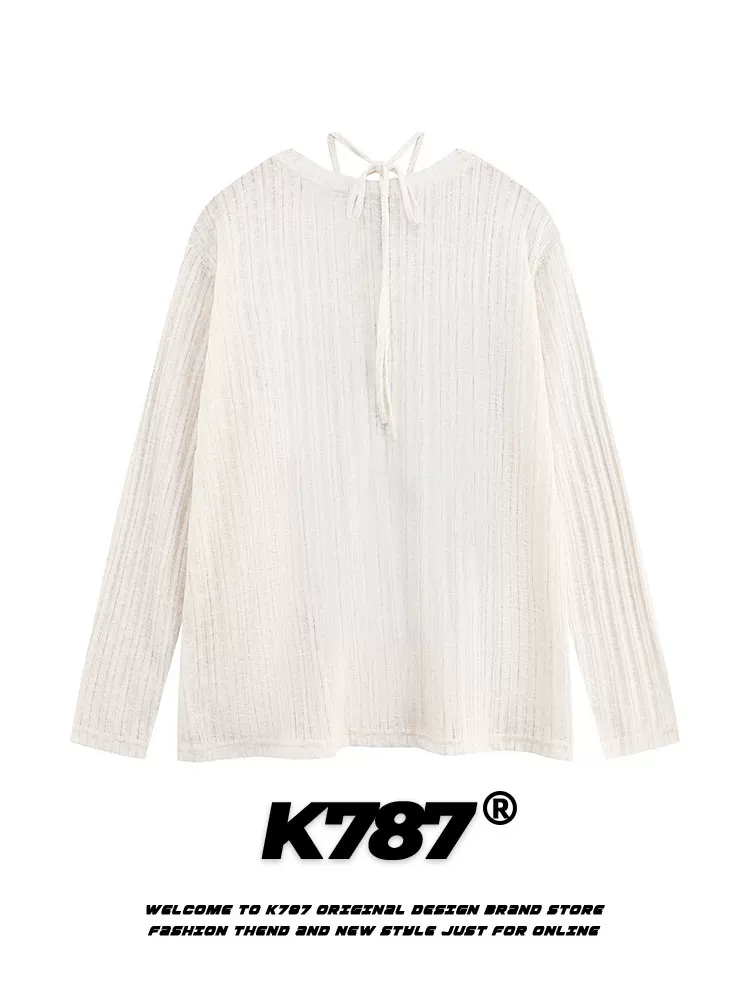 Áo thun kiểu nữ tính K787, thiết kế cổ V buộc dây, phong cách lười biếng, chất liệu ren, kiểu dáng rộng rãi, phong cách retro Mỹ, áo khoác đa năng.