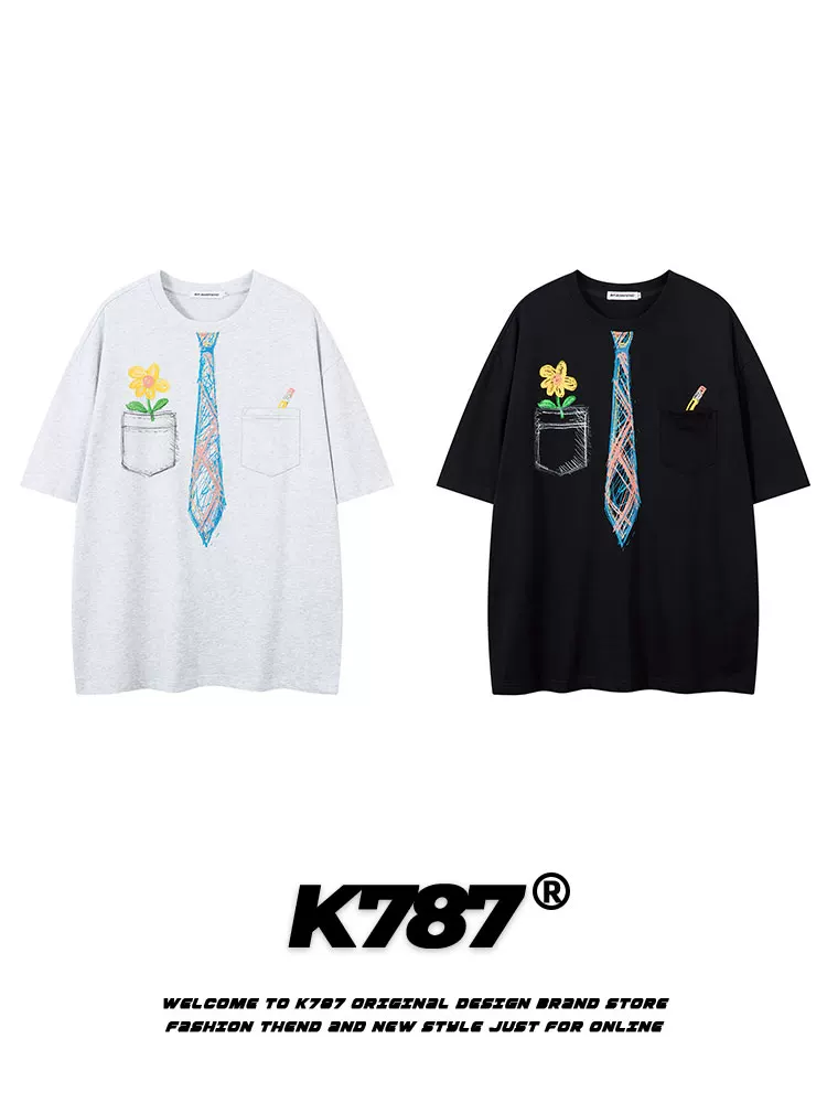 K787 Áo thun ngắn tay in hình cà vạt giả cổ điển kiểu Mỹ dành cho nam và nữ, áo cặp đôi đa năng phong cách đại học