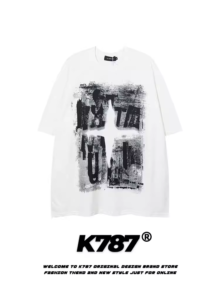 K787 Áo thun ngắn tay phong cách hip-hop retro Mỹ dành cho nam và nữ áo thun dáng rộng dáng rộng thông thường