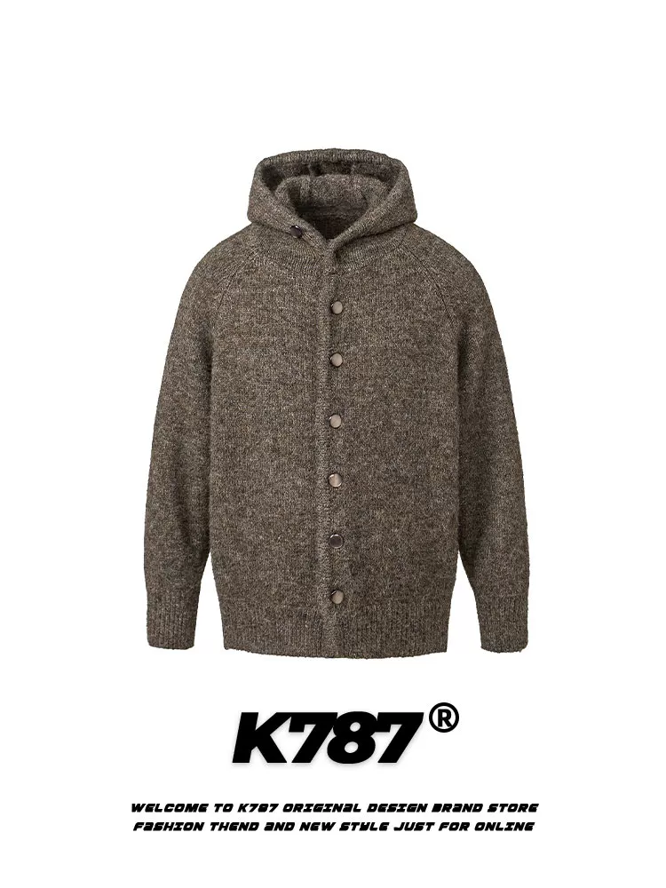 Áo len cardigan có mũ trùm đầu kiểu Mỹ cổ điển đơn giản K787 dành cho nam và nữ, kiểu dáng rộng rãi và thoải mái, áo khoác dệt kim đa năng và giản dị