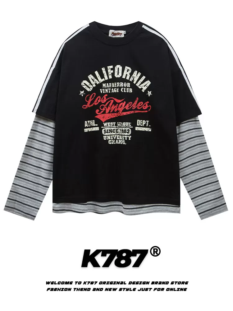 K787 Áo thun giả hai mảnh in họa tiết cổ điển kiểu Mỹ unisex oversize thể thao dài tay áo thun dài tay