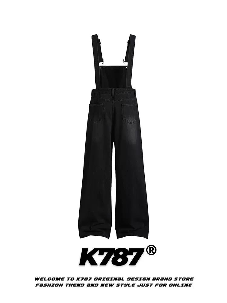 Quần yếm denim kiểu Mỹ cổ điển K787 dành cho nam và nữ, phong cách lười biếng, quần jumpsuit ống rộng dáng thẳng, thoải mái