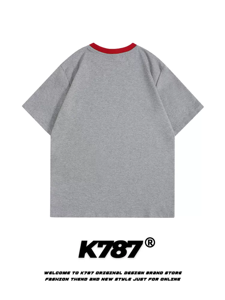 K787 Áo thun ngắn tay thêu hình chú chó vui nhộn theo phong cách retro Mỹ unisex phong cách đại học đa năng mùa hè 2025 cặp đôi nửa tay áo