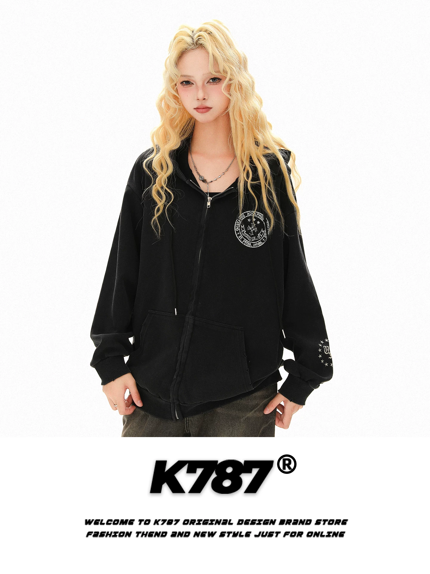 Áo hoodie phong cách đường phố Mỹ K787 in hình quốc kỳ ở phía sau, áo khoác có khóa kéo kiểu unisex, kiểu dáng thời trang dành cho cặp đôi