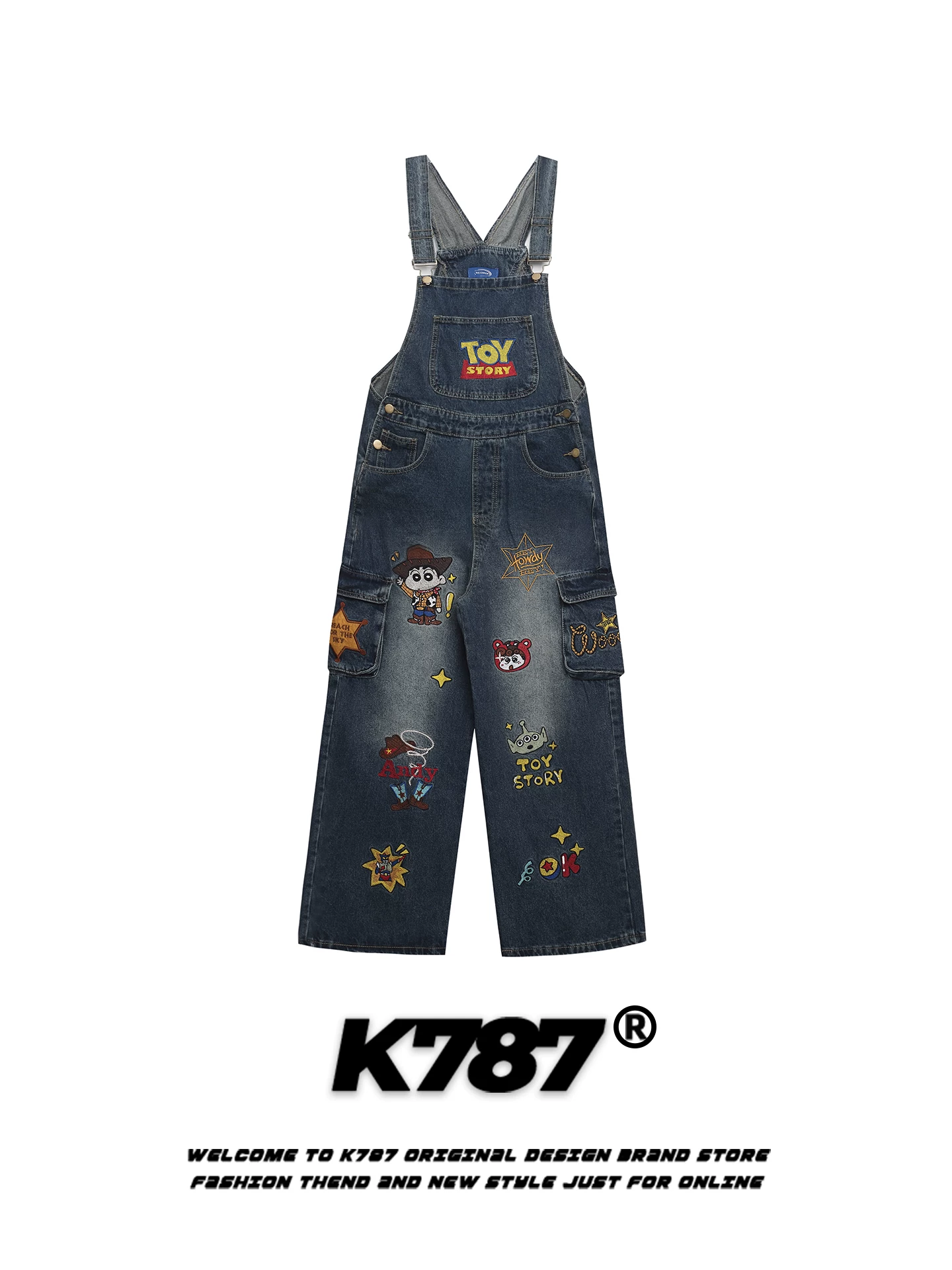 K787 Quần yếm denim thêu hoạt hình cổ điển kiểu Mỹ dành cho nam và nữ, dáng rộng, kiểu dáng thời trang đường phố.