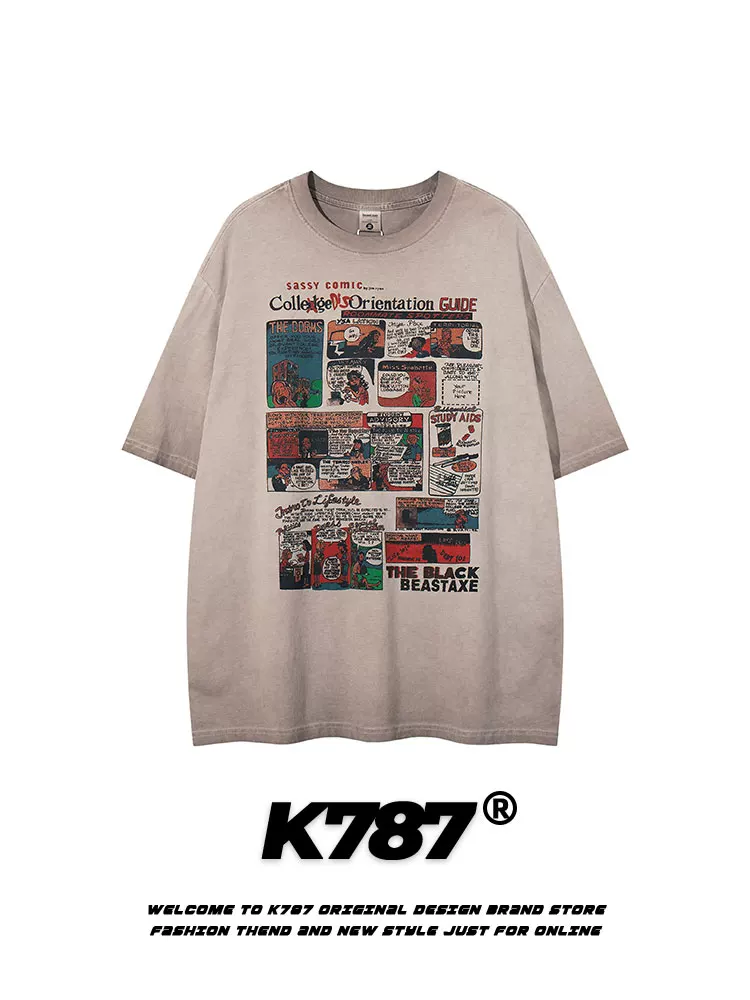 K787 Áo thun ngắn tay phong cách retro vui nhộn của Mỹ dành cho nam và nữ áo thun dáng rộng dáng rộng dành cho cặp đôi