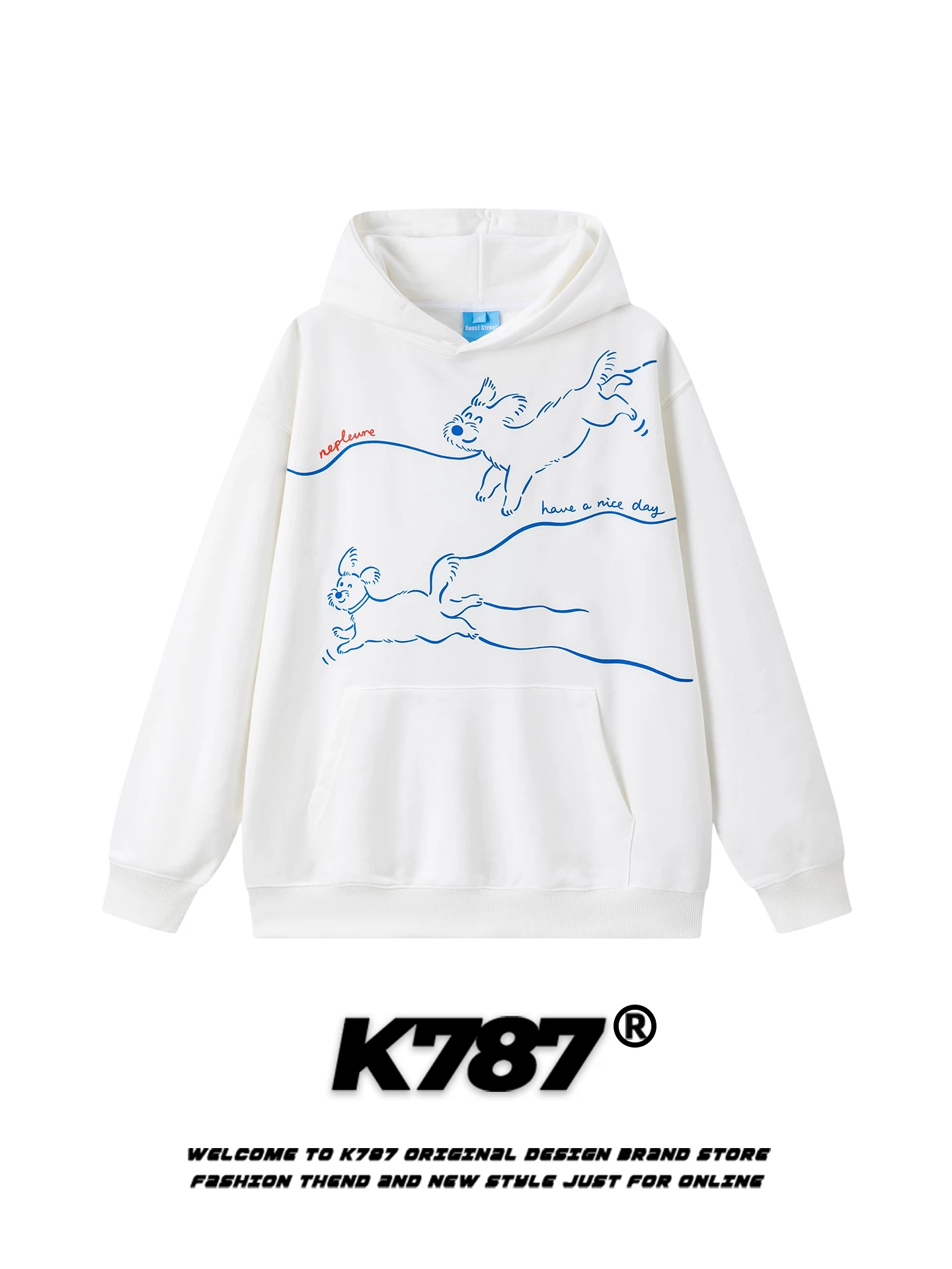 Áo hoodie chó vẽ tay phong cách retro Mỹ K787 dành cho nam, kiểu dáng rộng rãi, phong cách sinh viên, áo khoác cặp đôi đi làm