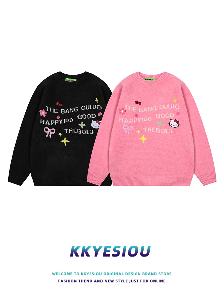 Áo len dệt kim màu hồng phong cách retro Mỹ, unisex, kiểu Nhật Bản, in hình Hello Kitty, phong cách dopamine.