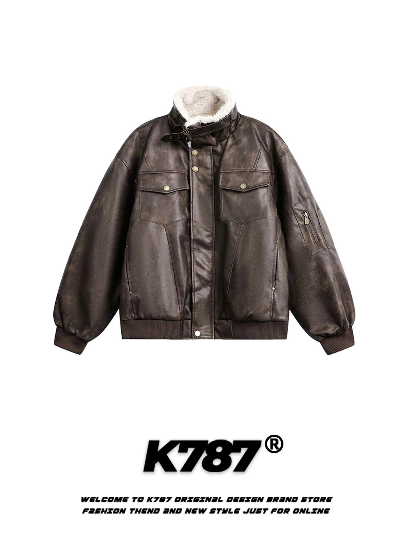 Áo khoác cotton unisex dáng rộng phong cách retro Mỹ K787 chất liệu da PU phối vải kiểu dáng cổ đứng, thiết kế độc đáo, ấm áp, thời trang, dành cho cặp đôi.