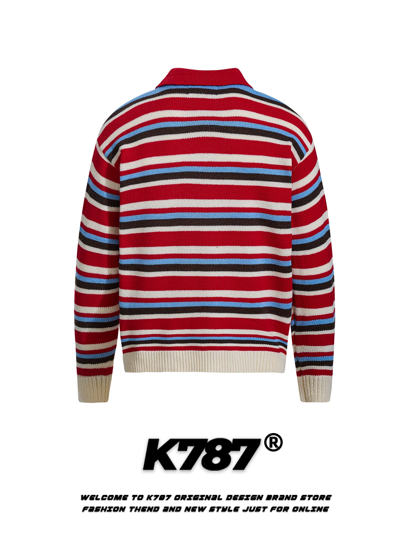 K787 Áo len cổ polo sọc phong cách đường phố Mỹ unisex dáng rộng xu hướng quốc gia đi lại đa năng cặp đôi dệt kim
