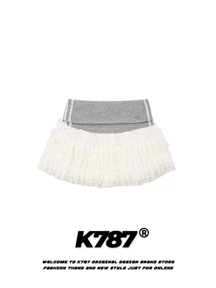 Váy bánh bèo xếp tầng ren phối chất liệu K787 phong cách đường phố Mỹ, cạp cao, chống lộ, dáng chữ A, ngắn, dành cho mùa hè