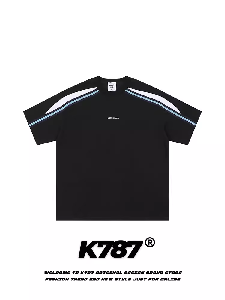 K787 Áo thun ngắn tay phối màu phong cách retro thể thao kiểu Mỹ dành cho nam và nữ, áo nửa tay dáng rộng phong cách đường phố đa năng dành cho cặp đôi