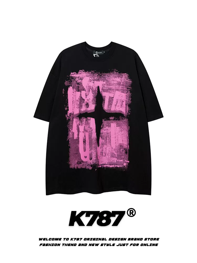 K787 Áo thun ngắn tay phong cách hip-hop retro Mỹ dành cho nam và nữ áo thun dáng rộng dáng rộng thông thường