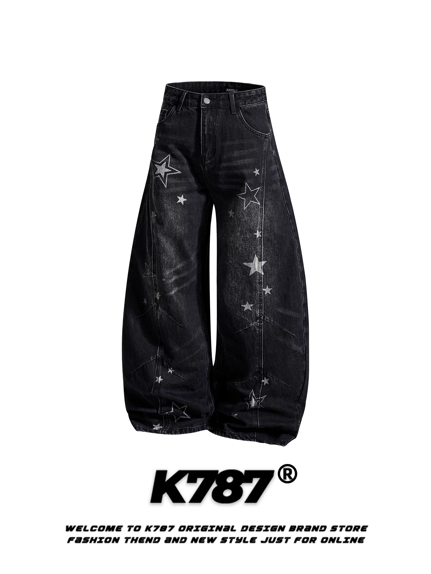Quần jeans unisex K787 kiểu Mỹ cổ điển, họa tiết sao, rách, dáng rộng, cạp cao, phong cách thường ngày, ống rộng, kiểu dáng thời thượng