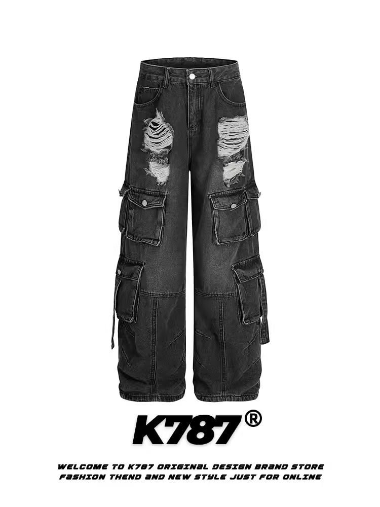Quần jean denim cũ kỹ kiểu Mỹ K787 dành cho nam và nữ, cạp cao, nhiều túi, ống thẳng, ống rộng, kiểu quần công sở.