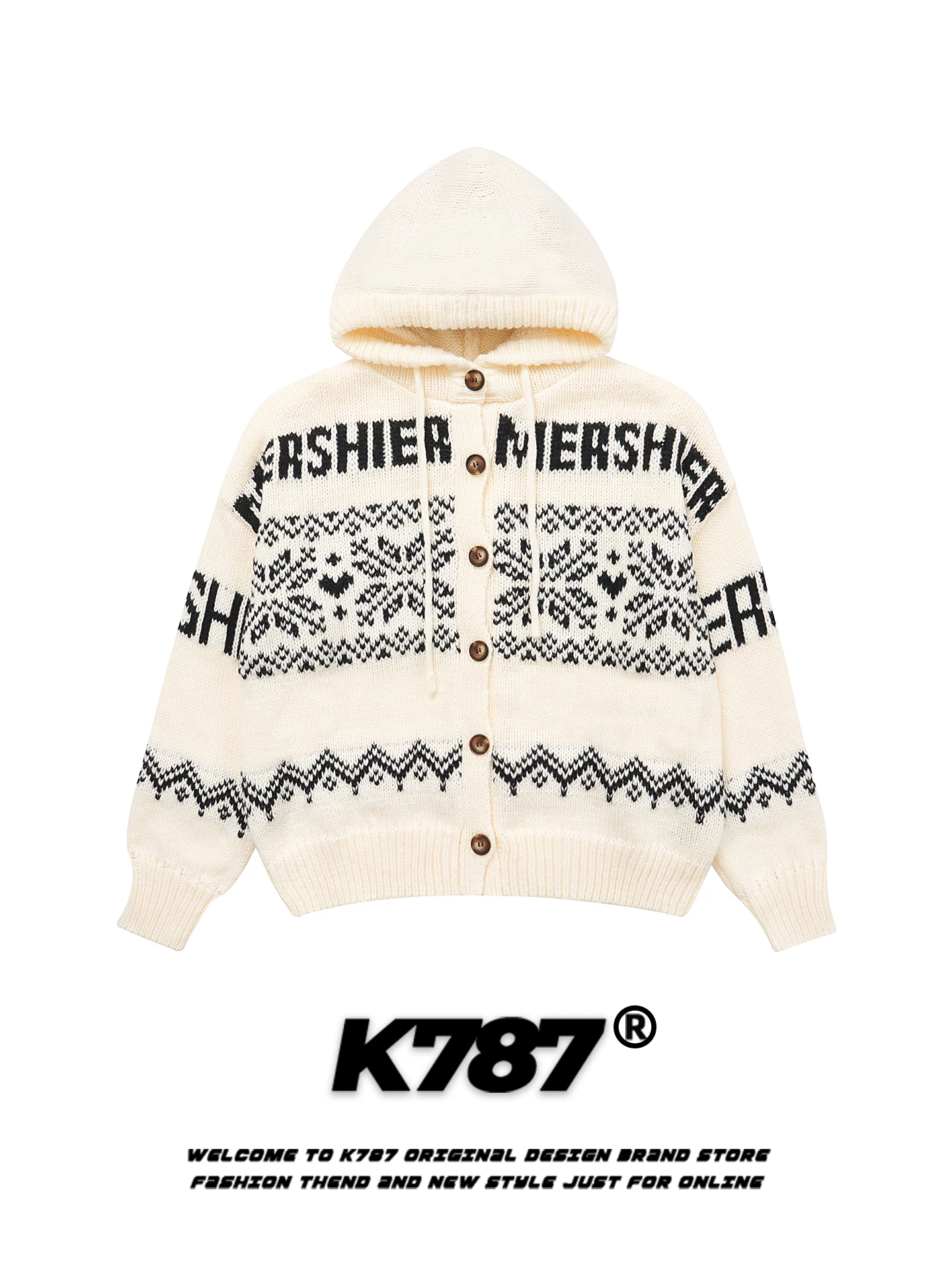 K787 Áo len dệt kim kiểu cổ điển kiểu Mỹ Fair Isle dành cho nam và nữ áo khoác len có mũ trùm đầu phong cách cổ điển lười biếng