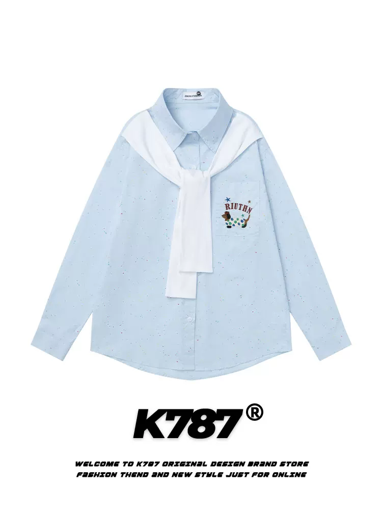 K787 Áo sơ mi dài tay thêu họa tiết chấm bi phong cách retro Mỹ unisex khăn choàng phong cách đại học áo khoác cặp đôi giản dị
