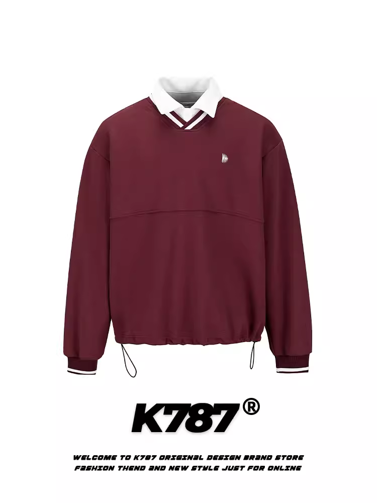 Áo polo đơn giản phối màu cổ điển kiểu Mỹ K787 dành cho nam và nữ, áo sweatshirt thể thao giả hai mảnh đa năng, phong cách thường ngày