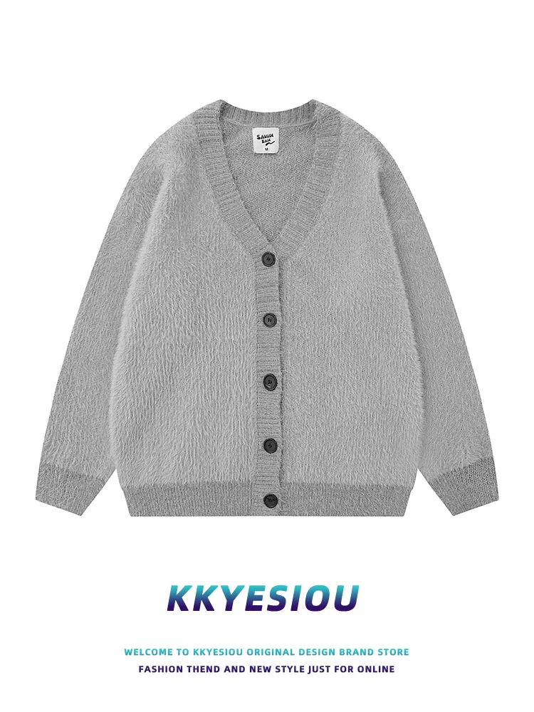 Áo khoác dệt kim kiểu dáng lười biếng cổ điển Mỹ KKyesiou dành cho nam và nữ, kiểu dáng rộng, cổ chữ V, dành cho cặp đôi