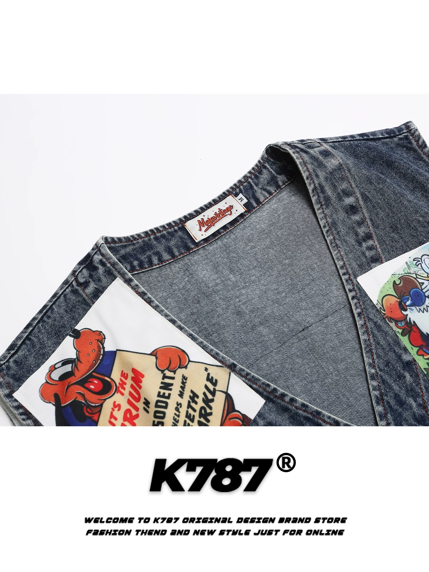 Áo vest denim chắp vá cổ điển kiểu Mỹ K787 dành cho nam và nữ, xu hướng quốc gia, áo khoác không tay nhiều lớp được giặt và làm cũ