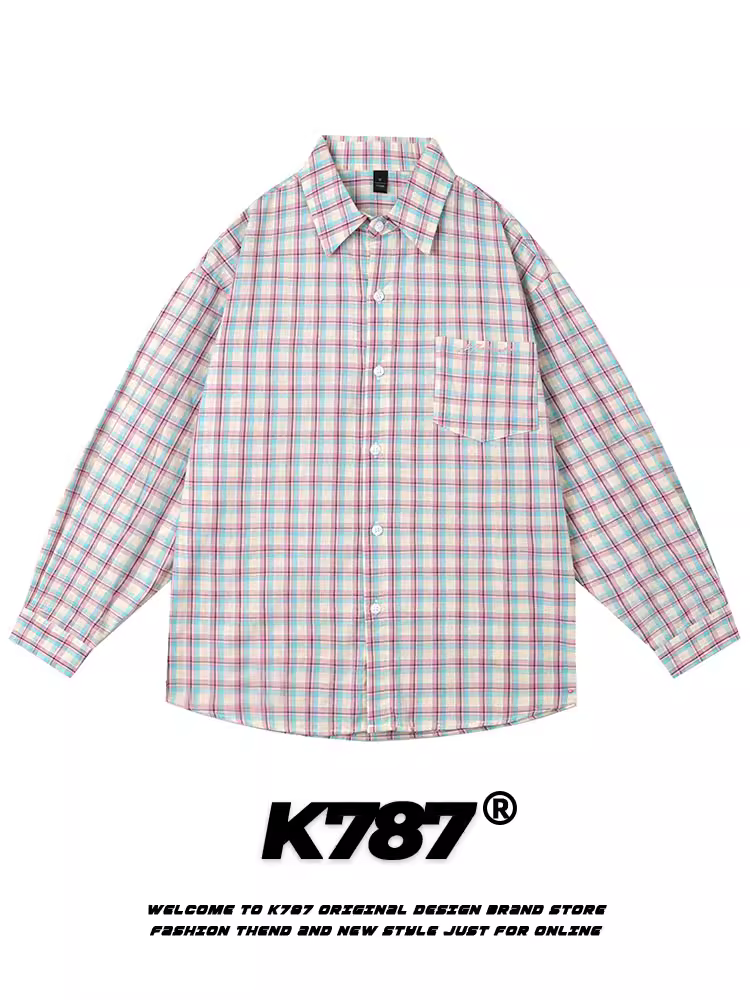 K787 Áo sơ mi dài tay kẻ sọc cổ điển kiểu Mỹ đa năng dành cho nam và nữ phong cách cổ điển đại học ins áo cặp đôi