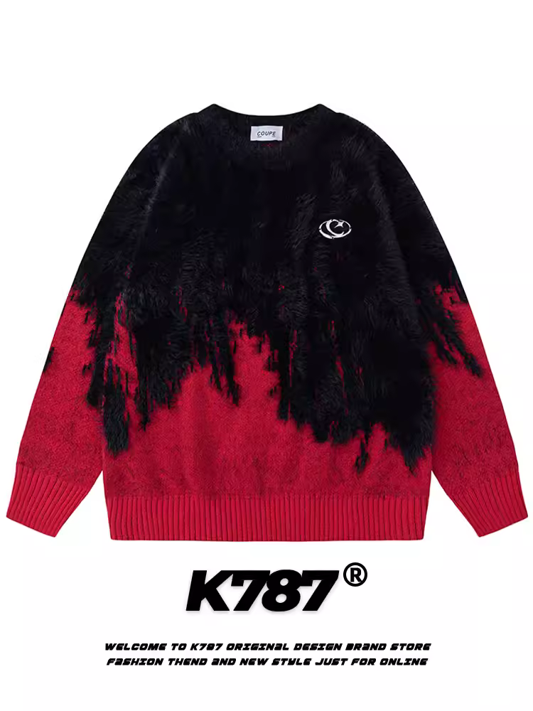 Áo len dệt kim phối màu đỏ đen theo phong cách retro Mỹ K787 dành cho nam và nữ, áo len cặp đôi phong cách lười biếng cao cấp mùa đông.