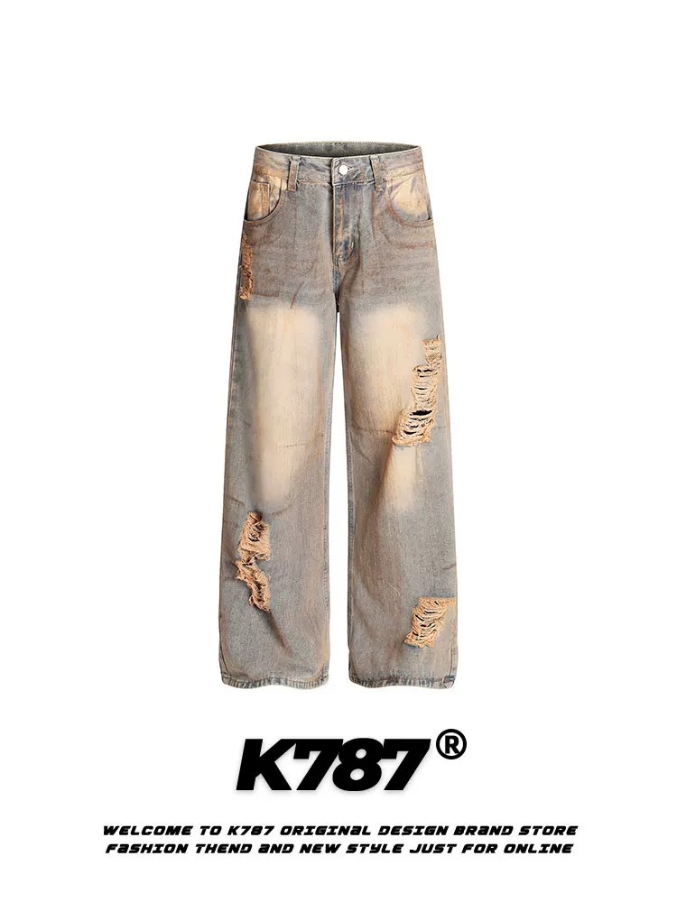 Quần jeans K787 kiểu Mỹ cổ điển, xước rách, unisex, phong cách hip-hop, dáng rộng, ống thẳng, mặc thường ngày