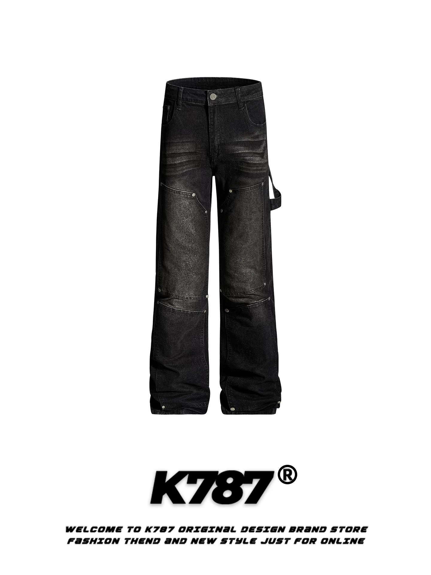 K787 Quần jean kiểu Mỹ cổ điển được thiết kế theo phong cách patchwork dành cho nam và nữ, quần dài thẳng ống đứng có dây thắt lưng giảm béo hợp thời trang dành cho nam và nữ