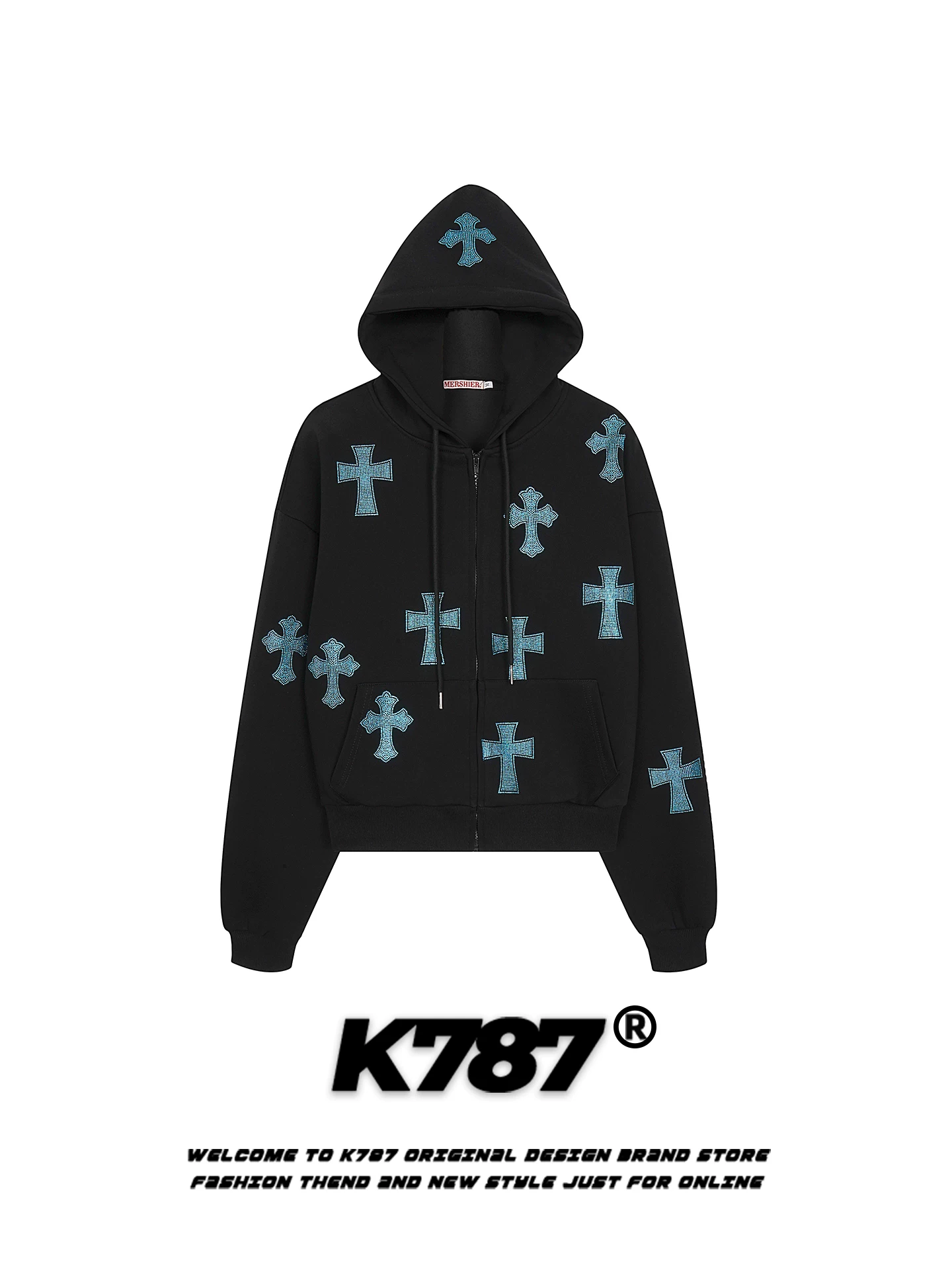 Áo khoác có mũ trùm đầu kiểu dáng unisex, phong cách gothic, chất liệu thun, đính đá giả kim cương, kiểu dáng rộng rãi, thoải mái, dành cho cặp đôi, phong cách retro Mỹ, mã K787