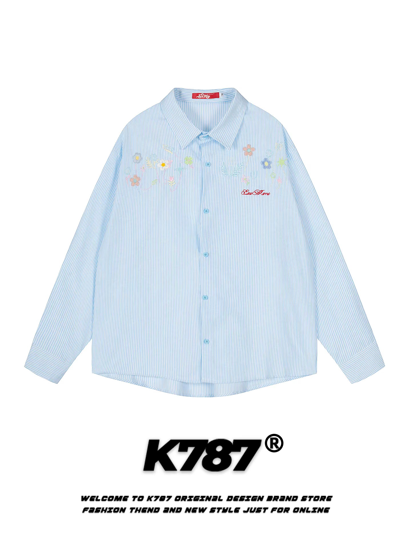 Áo sơ mi dài tay sọc dopamine kiểu Mỹ K787 dành cho nam và nữ, áo cặp đôi thêu phong cách lười biếng, dáng rộng, thoải mái