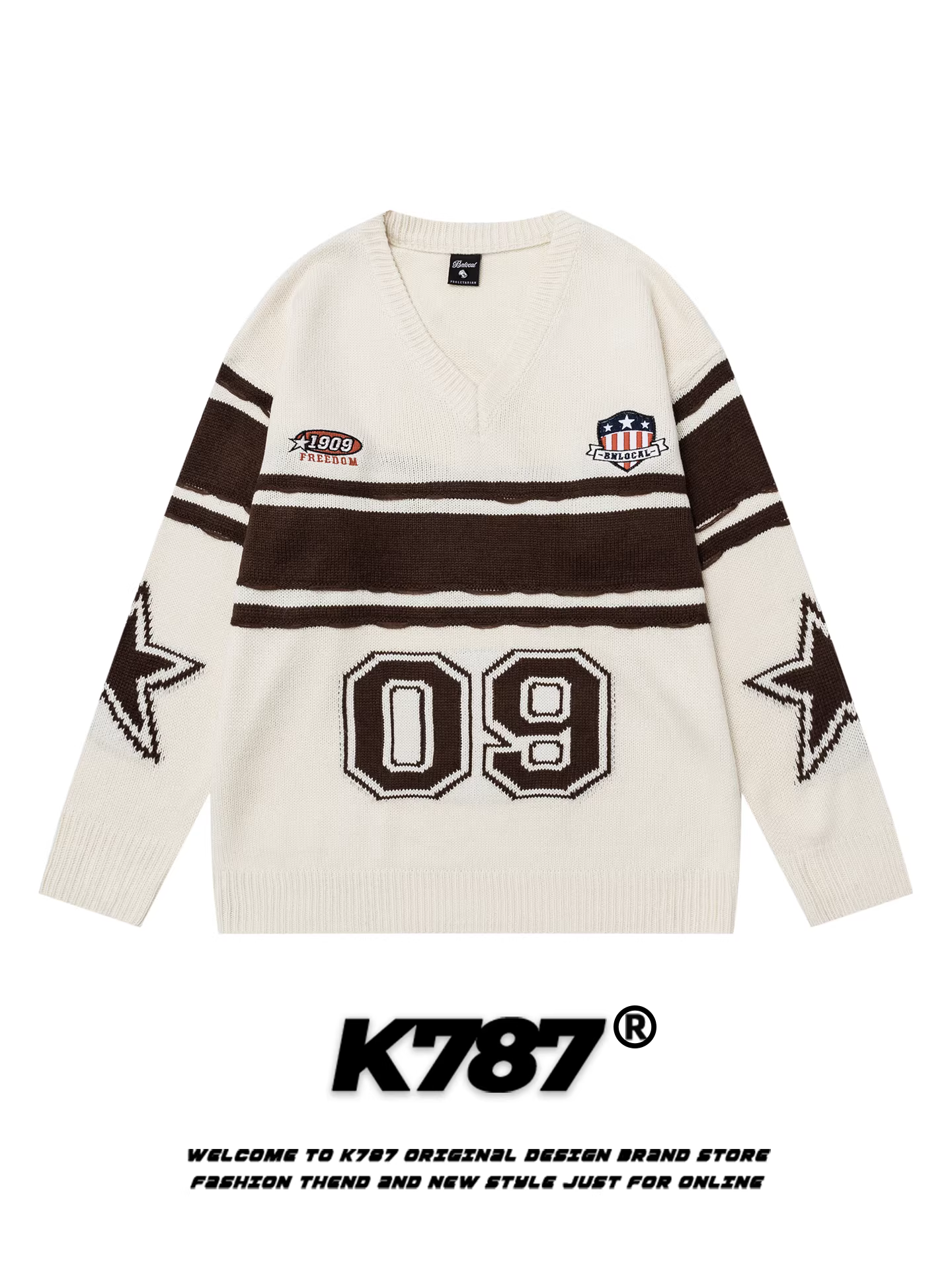 Áo len cổ chữ V kiểu Mỹ cổ điển K787 với họa tiết jacquard, phối màu tương phản, kiểu dáng thể thao rộng rãi, phong cách đường phố, dành cho cặp đôi.