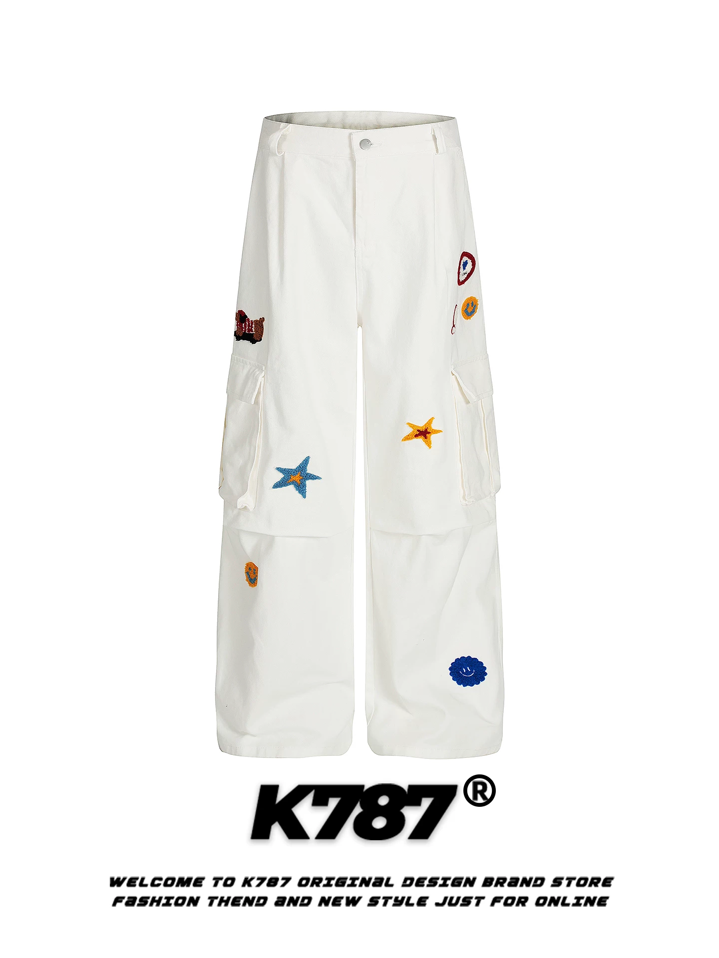 K787 Thương hiệu thời trang đường phố Mỹ quần jean thêu hình ngôi sao unisex lưng cao màu trắng dáng rộng đa năng quần ống đứng thông thường