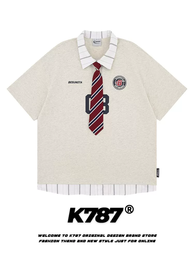 K787 Áo sơ mi POLO giả hai mảnh sọc giả cổ điển kiểu Mỹ dành cho nam và nữ, áo thun ngắn tay phong cách đại học đa năng dành cho cặp đôi