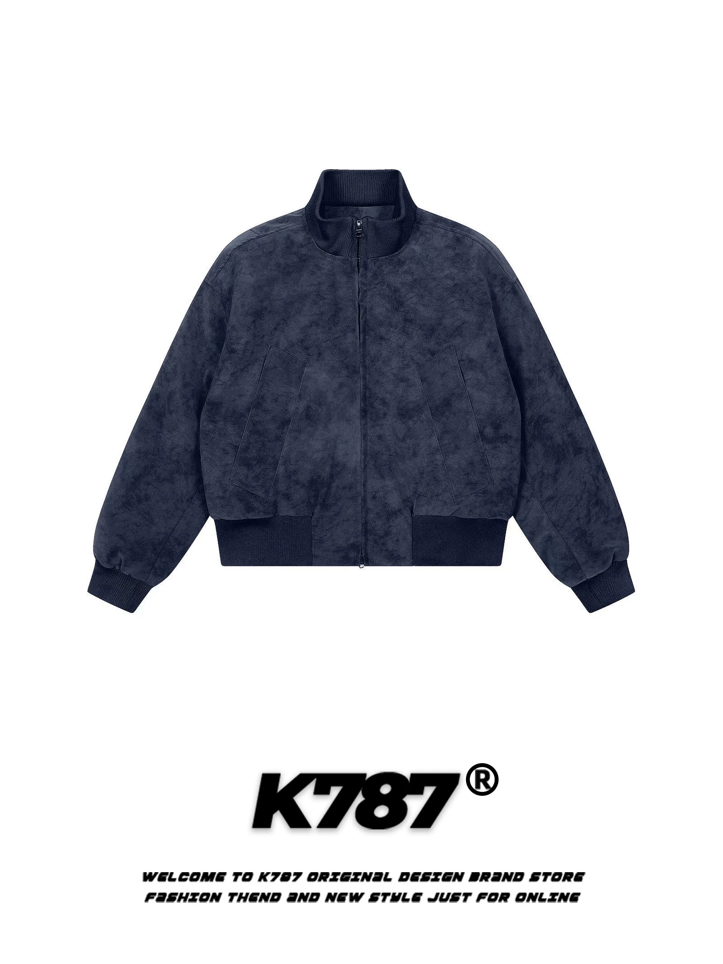 Áo khoác cotton cổ đứng da PU thương hiệu K787 kiểu Mỹ cổ điển thời thượng dành cho nam và nữ, dày dặn và ấm áp, áo khoác cotton màu xanh hải quân dành cho cặp đôi mùa đông.