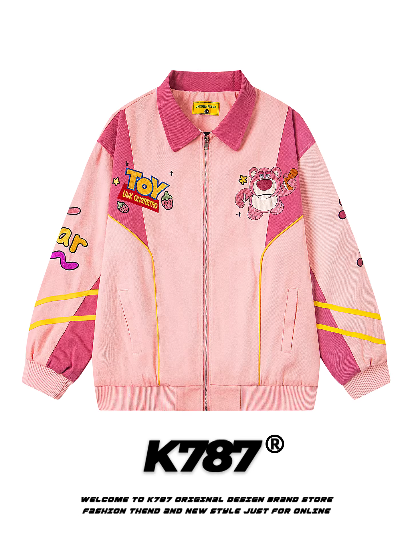 Áo khoác thêu hình gấu dâu tây kiểu Mỹ K787 dành cho nam và nữ, áo khoác cặp đôi phối màu phong cách lười biếng mùa thu đông