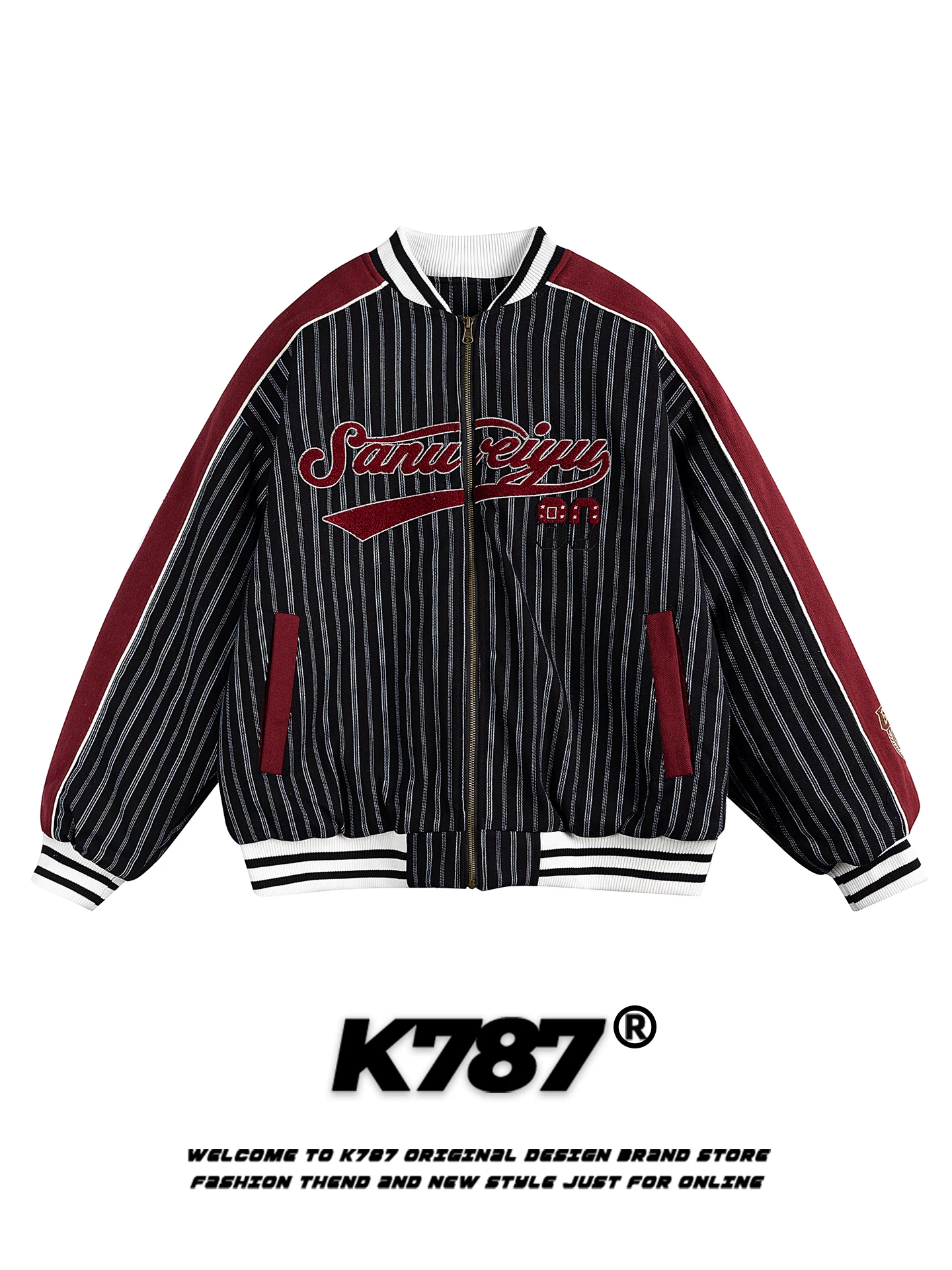 Áo khoác cotton unisex K787 phong cách đường phố Mỹ, thêu chữ, phối màu, sọc, dày dặn, ấm áp, thời trang, dành cho cặp đôi