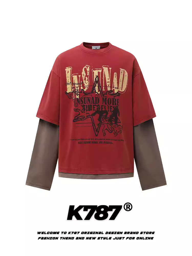 Áo thun dài tay in chữ kiểu Mỹ cổ điển K787 dành cho nam, áo thể thao giả hai mảnh phong cách hip-hop rộng rãi, thoải mái