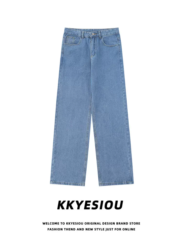 Quần jeans màu vàng đất, kiểu dáng đường phố retro Mỹ, chất liệu washed, dành cho nam và nữ, cạp cao, dáng thẳng, phong cách casual.