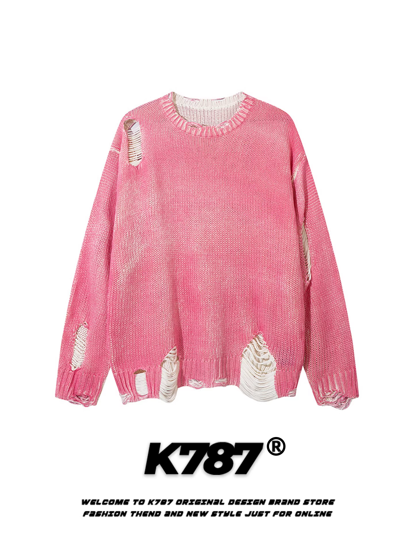 Áo len cổ tròn rách kiểu Mỹ K787 dành cho nam và nữ, dáng rộng, oversize, trẻ trung, phong cách lười biếng, đồ đôi dệt kim