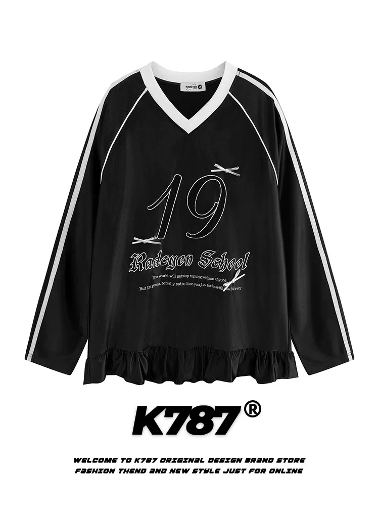 K787 Áo nỉ cổ đứng kiểu dáng cổ điển của Mỹ có cổ đứng xếp ly cổ chữ V áo nỉ oversize mùa xuân áo thể thao dáng rộng