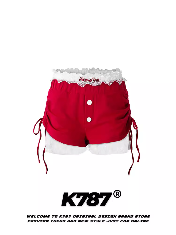 Quần short nữ K787 phong cách Mỹ cổ điển, phối ren, giả hai mảnh, cạp cao, dài ba phần, thiết kế độc đáo, kiểu hot pants